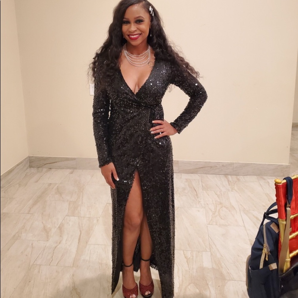Plunging v-neck sequin wrap belted dress